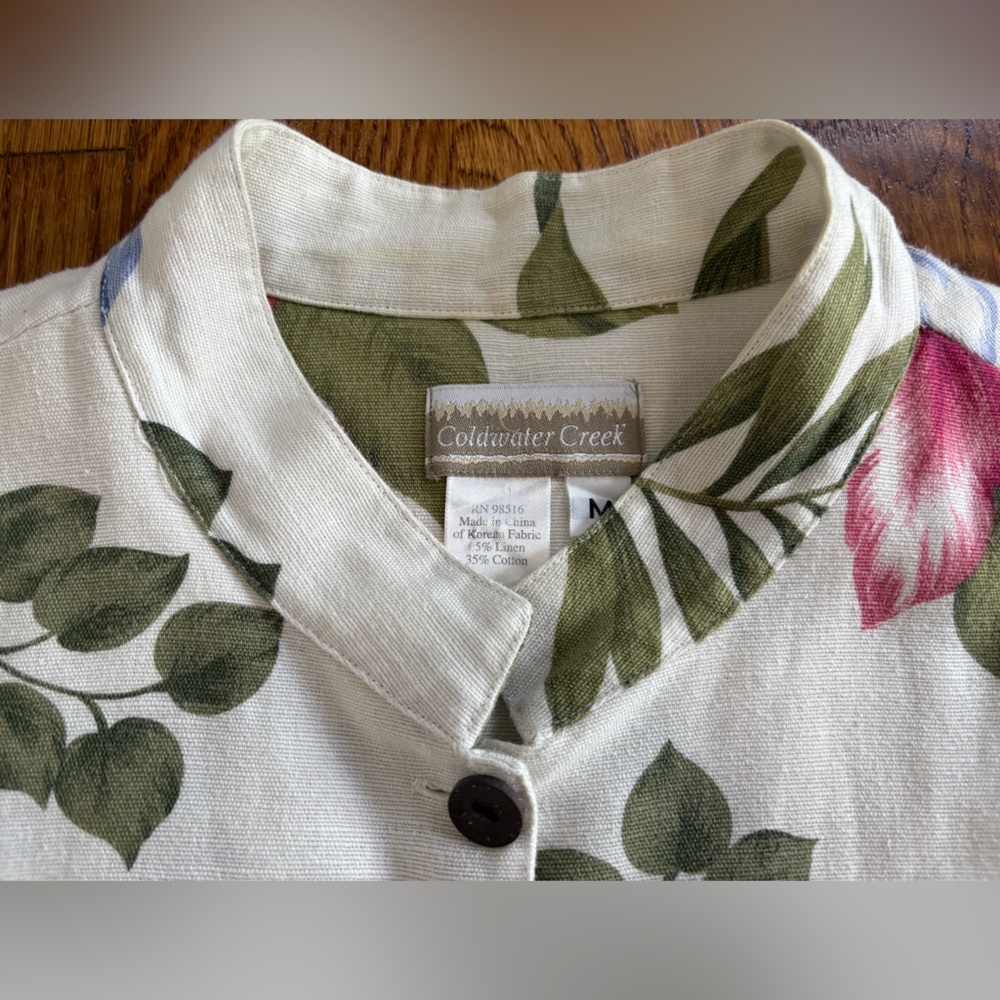 Coldwater Creek Linen Blend Mandarin Collar Shirt Jacket Botanical Cottagecore M - Picture 5 of 11